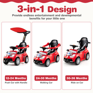 Red toy car with handle, walking car, and ride-on car stages on a white background