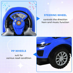 Blue toy car steering wheel and PP wheels with text labels on a light blue background