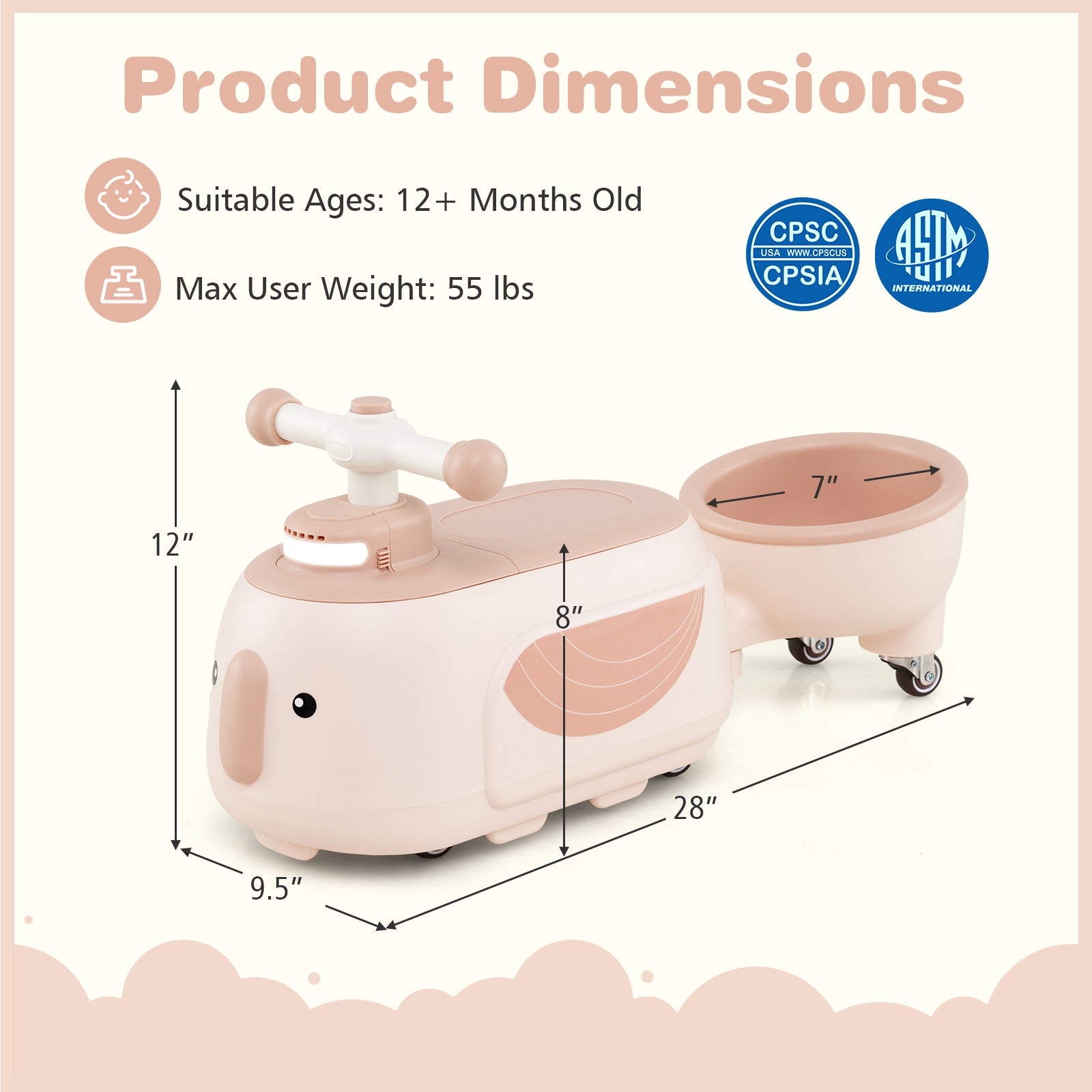 Dimensions of a pink and white toy vehicle with safety certification logos on a light pink background.