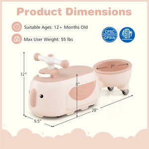 Dimensions of a pink and white toy vehicle with safety certification logos on a light pink background.