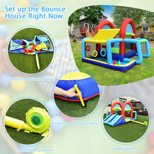 Inflatable bounce house with setup instructions on a grassy area.