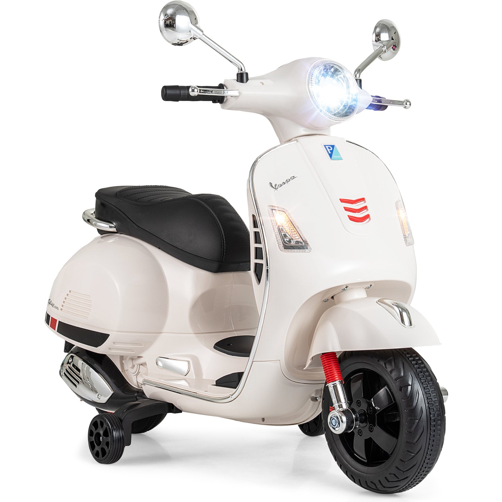 White toy scooter with black seat on a white background