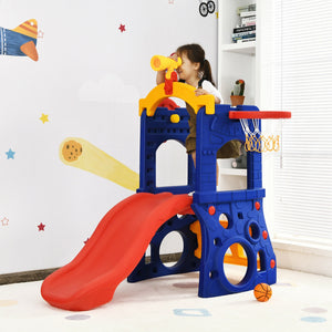 Children's playset with slides and basketball hoop in a room.