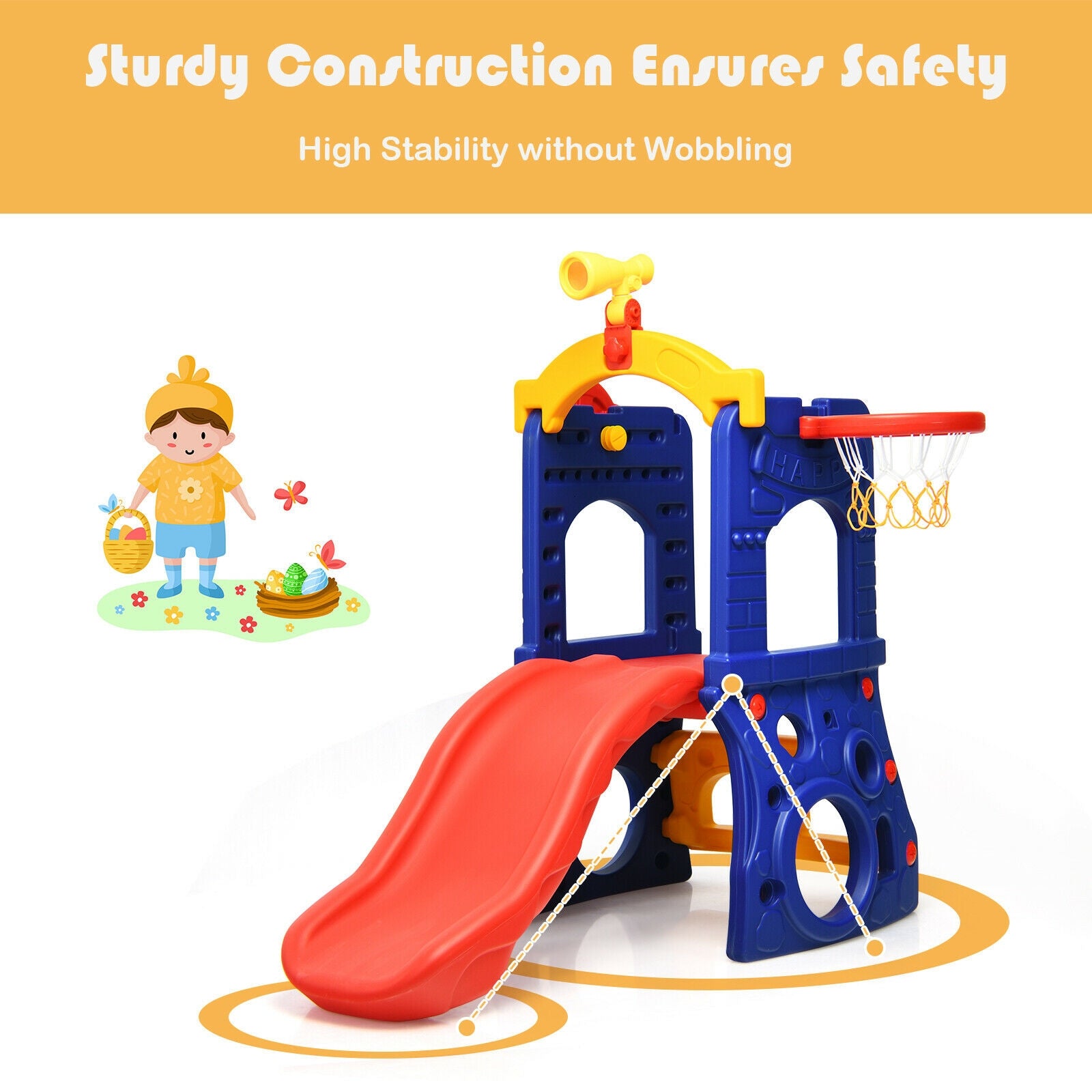 Children's playground set with slide and basketball hoop on a white background