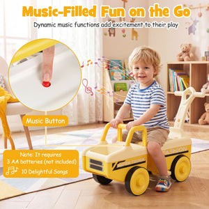 Child playing with a toy tractor in a room with books and toys, highlighting music button feature.