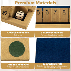 A 2x2 promotional graphic for a wooden dice game, showing close-up material and feature callouts: quality pine wood construction, a silk-screen number window, an anti-slip foot pad, and comfortable felt surface. The top header reads 'Premium Materials.