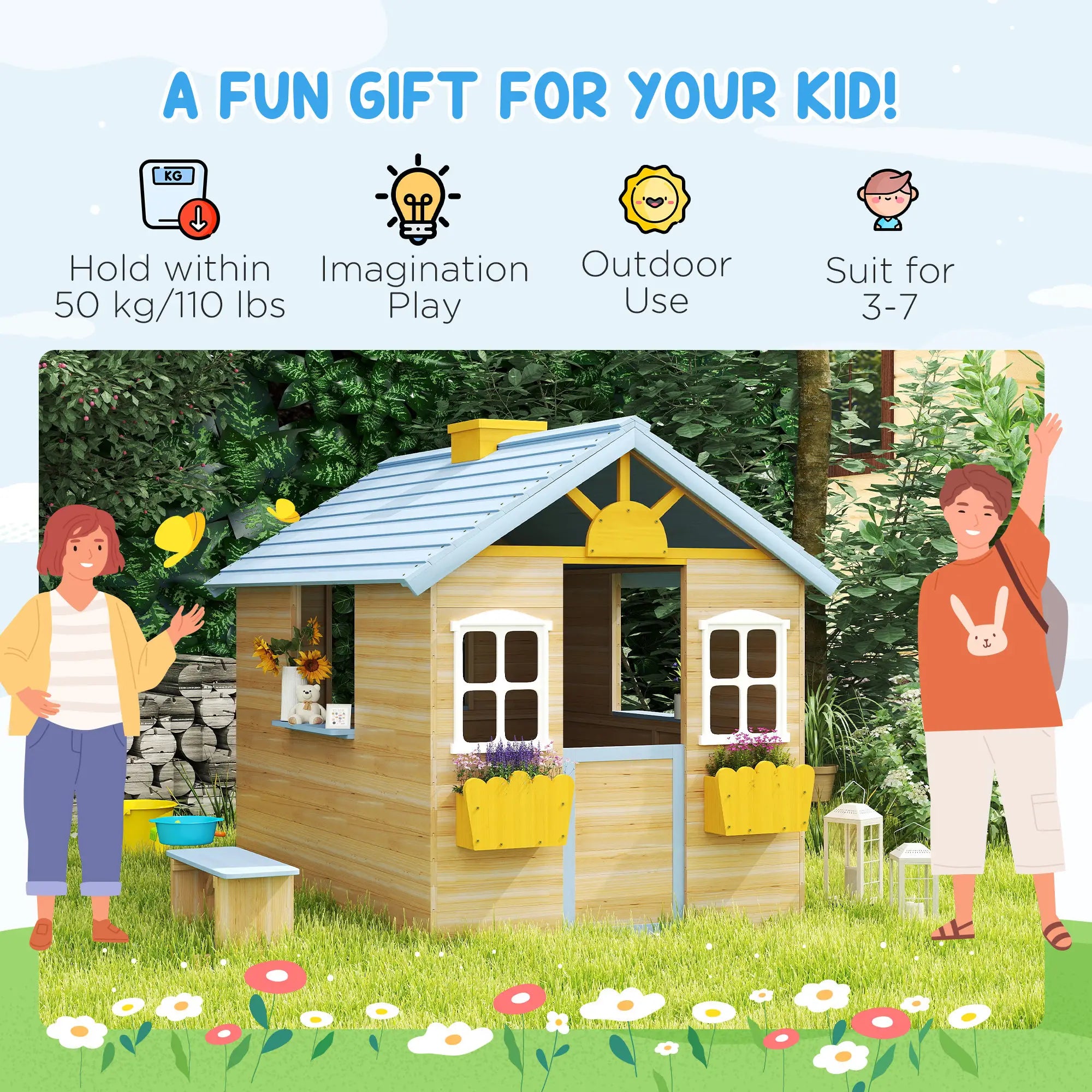Garden wooden playhouse with flower pot holders