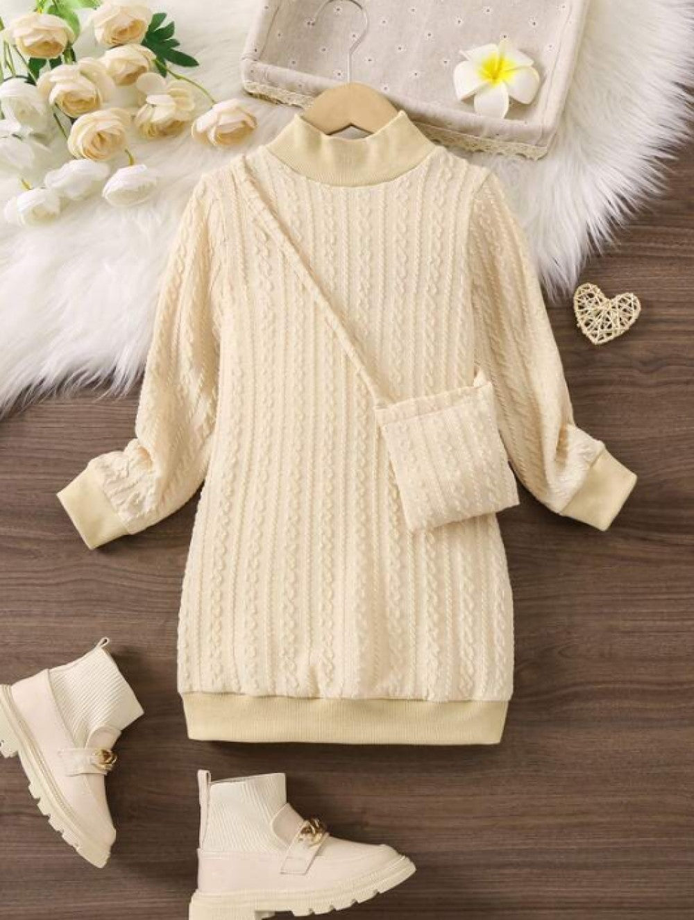 Young Girl Mock Neck Sweatshirt Dress & Bag