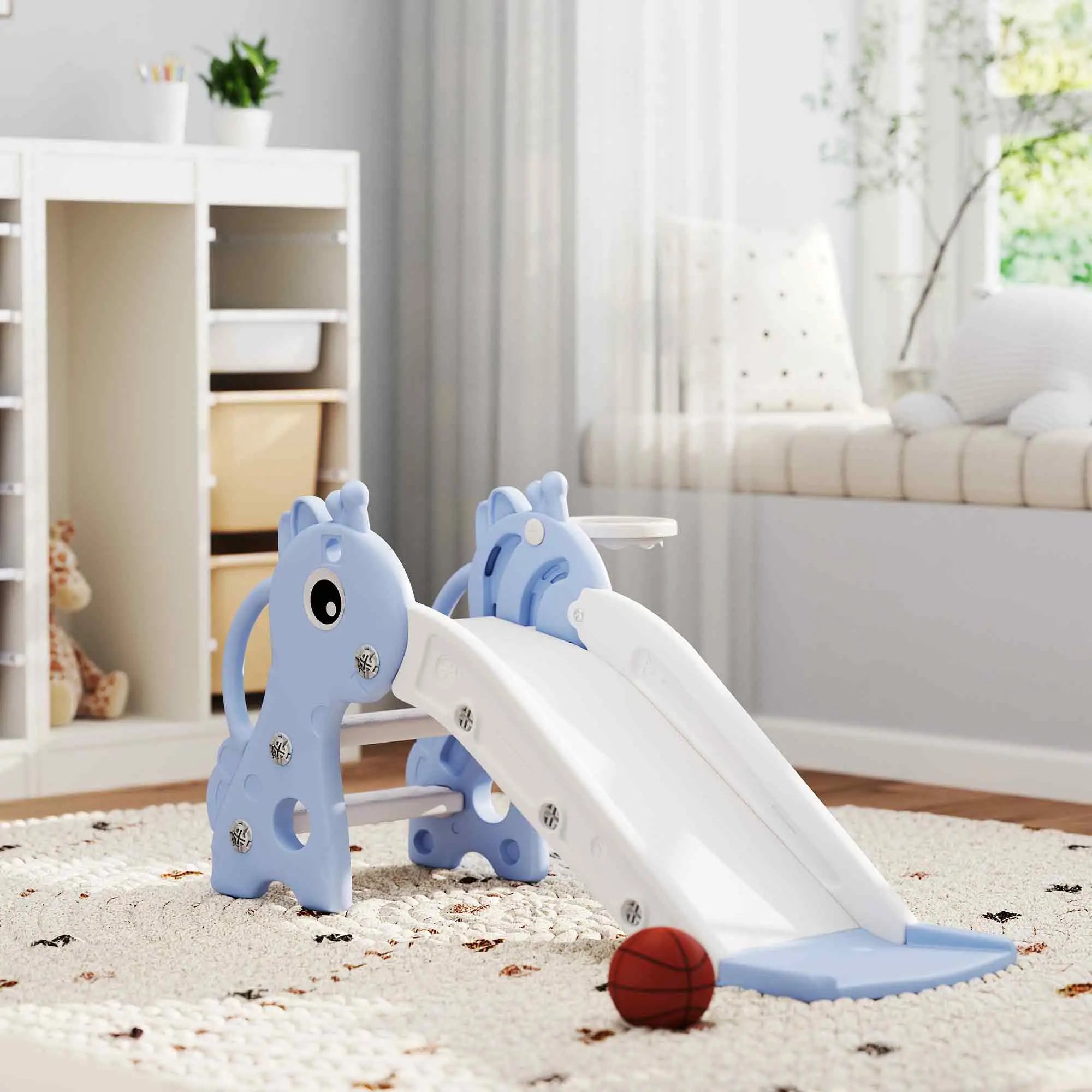 Children's slide with animal design in a room setting