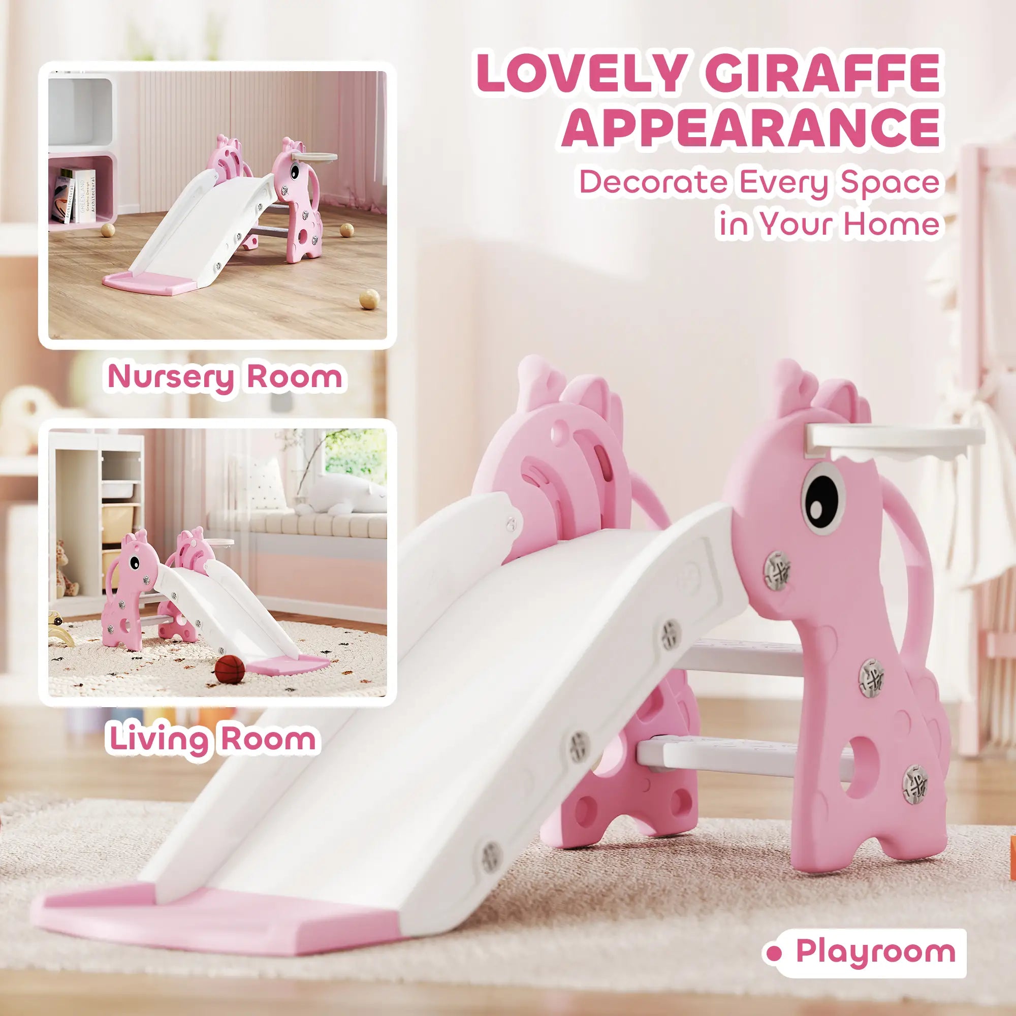 Pink and white slide with giraffe design in a playroom setting