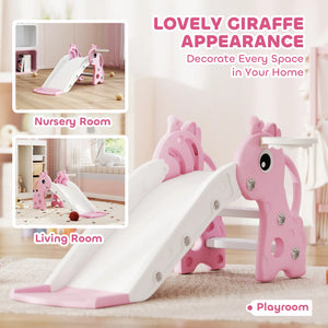 Pink and white slide with giraffe design in a playroom setting