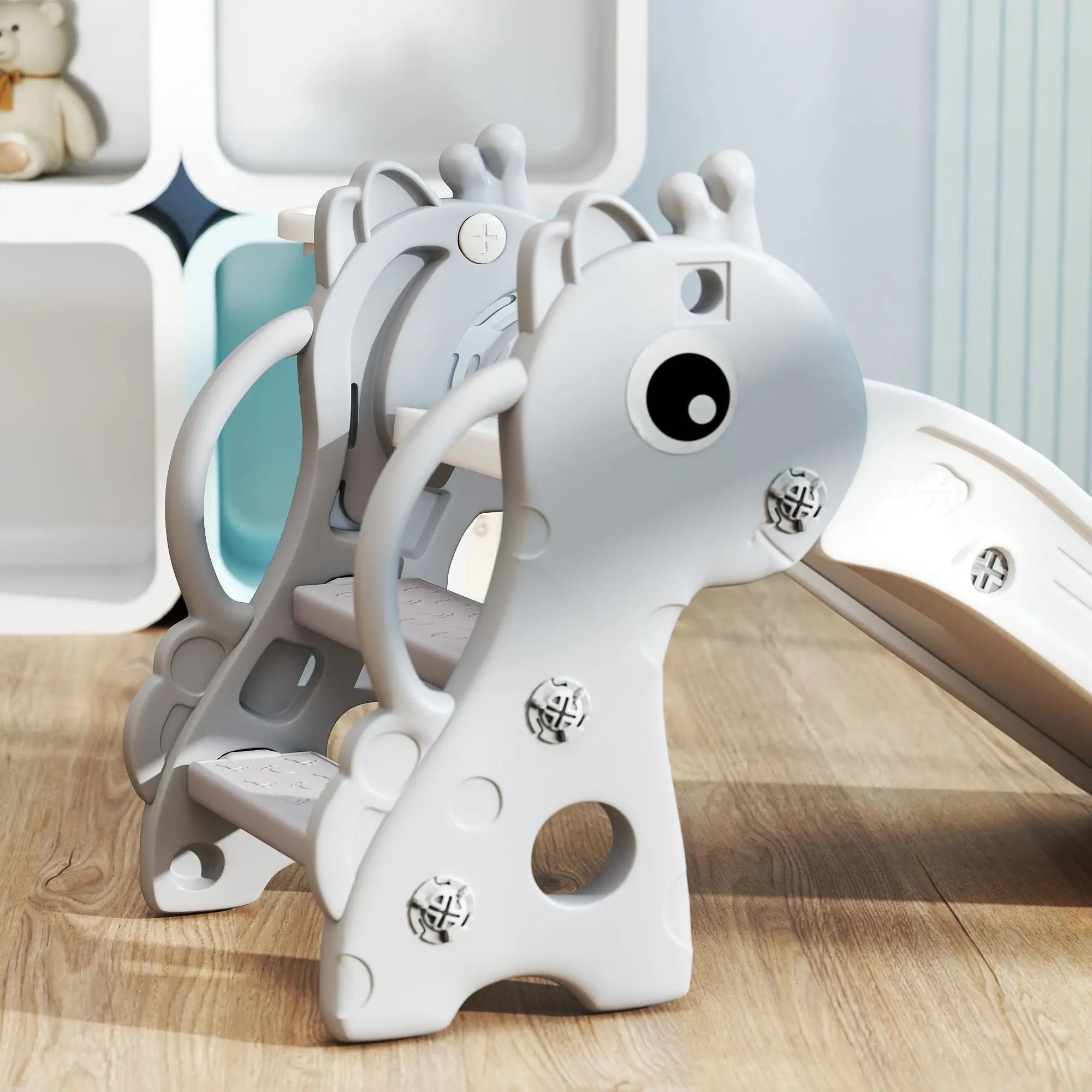 Children's toy with a giraffe design on a wooden surface