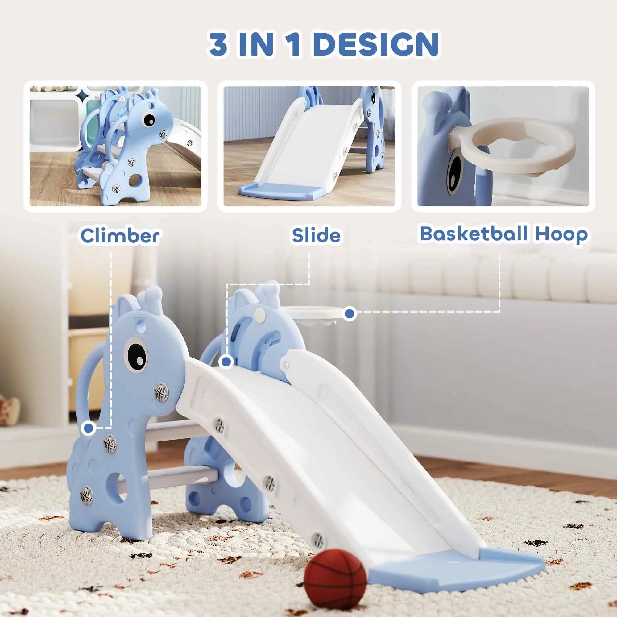 Children's playground slide with climber and basketball hoop features, labeled '3 in 1 Design'.