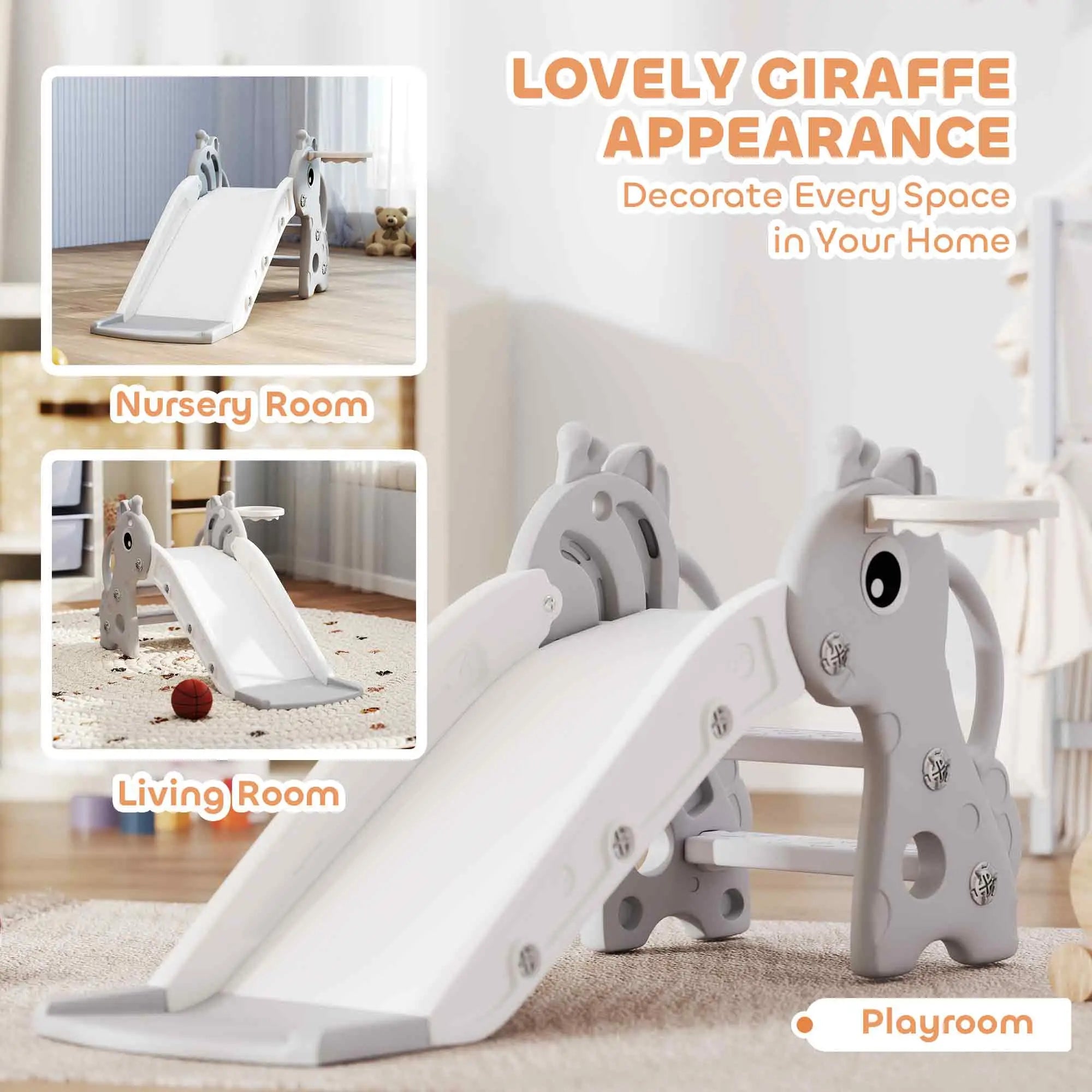 Children's slide with giraffe design in a playroom setting