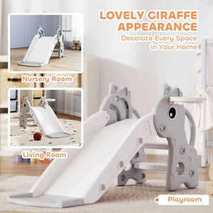 Children's slide with giraffe design in a playroom setting