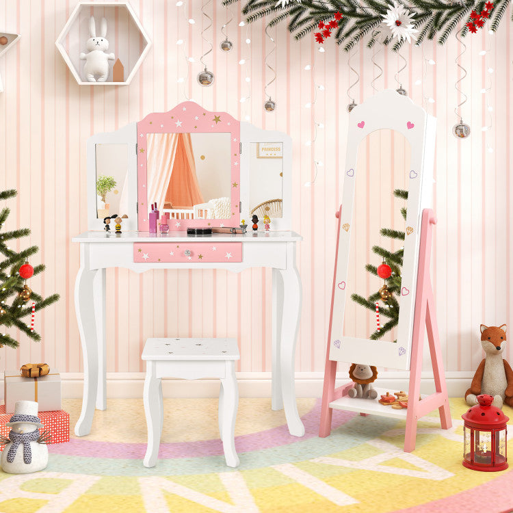 Children's vanity set with mirror, stool, and decorative items in a festive room.