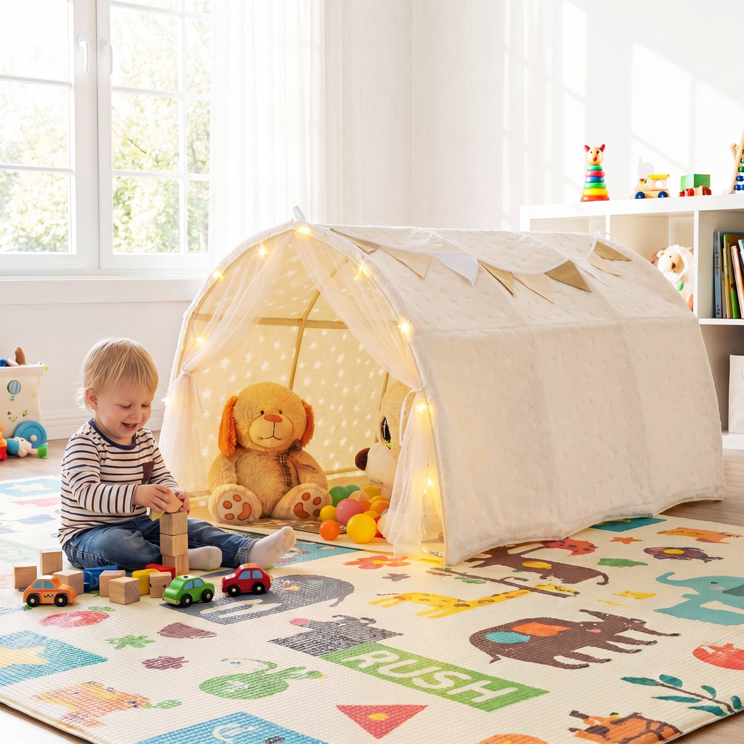 Child playing with toys in a room with a play tent and colorful rug.