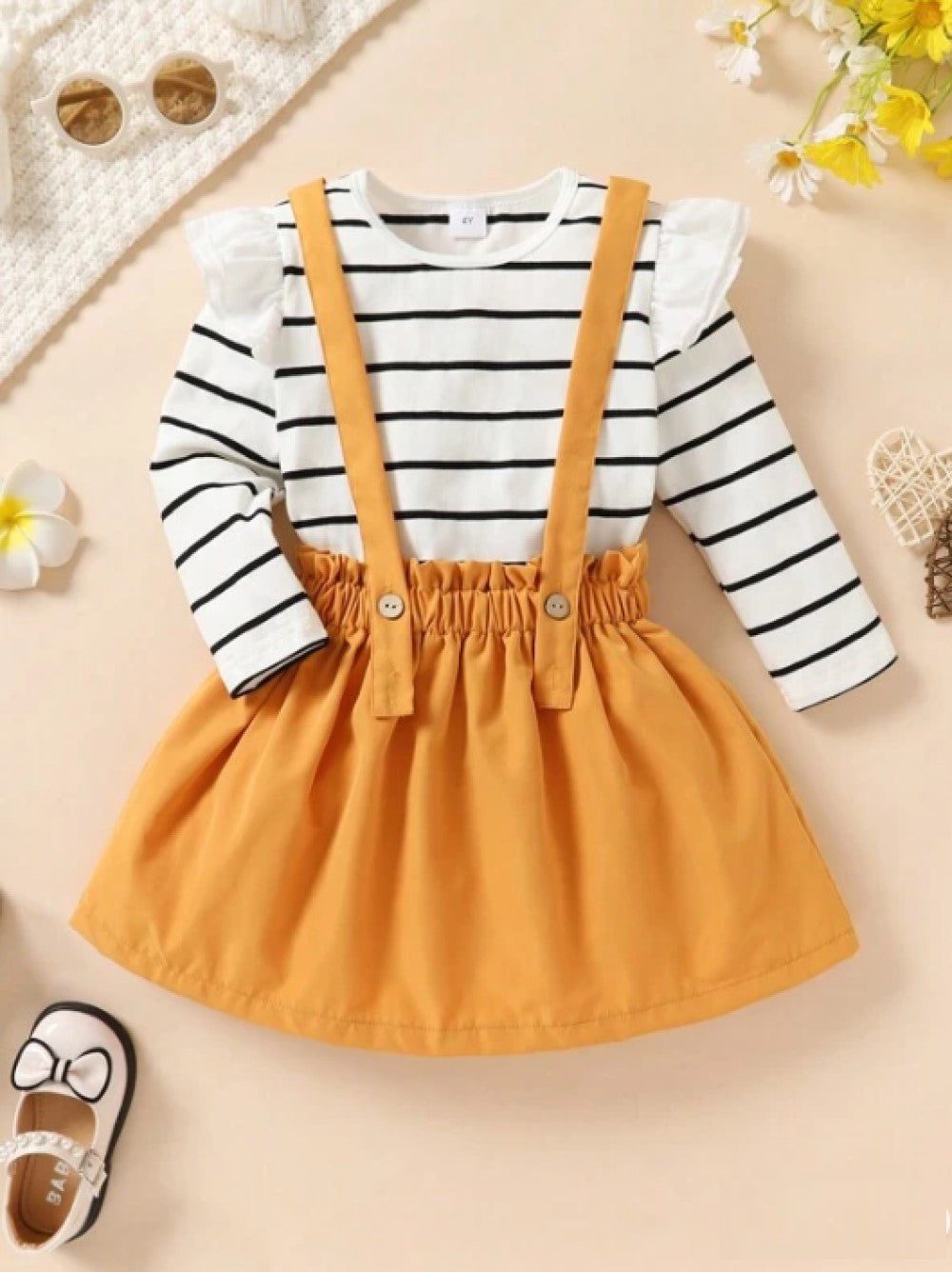 Young Girl 2pcs Cute Striped Print Tee With Leafy Hem And Suspender Skirt, Soft Comfortable Sweet Style