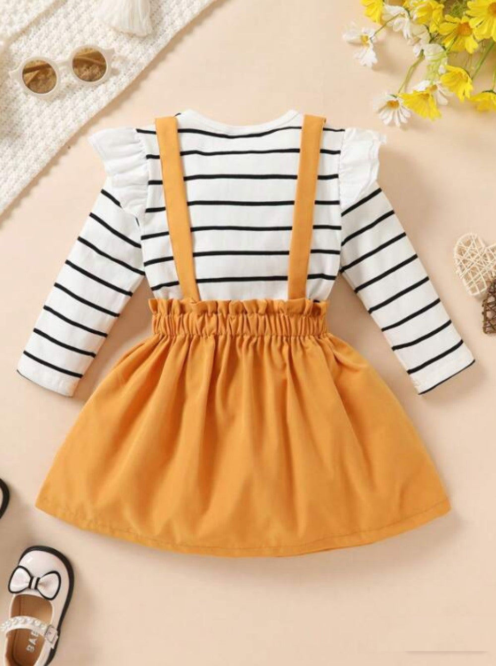 Young Girl 2pcs Cute Striped Print Tee With Leafy Hem And Suspender Skirt, Soft Comfortable Sweet Style