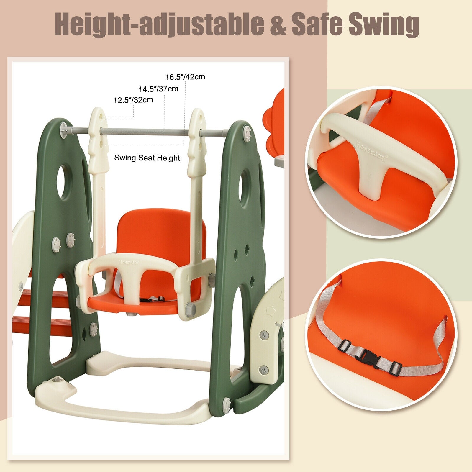 Height-adjustable and safe swing with orange seat and green frame, showing seat height measurement.