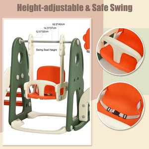 Height-adjustable and safe swing with orange seat and green frame, showing seat height measurement.