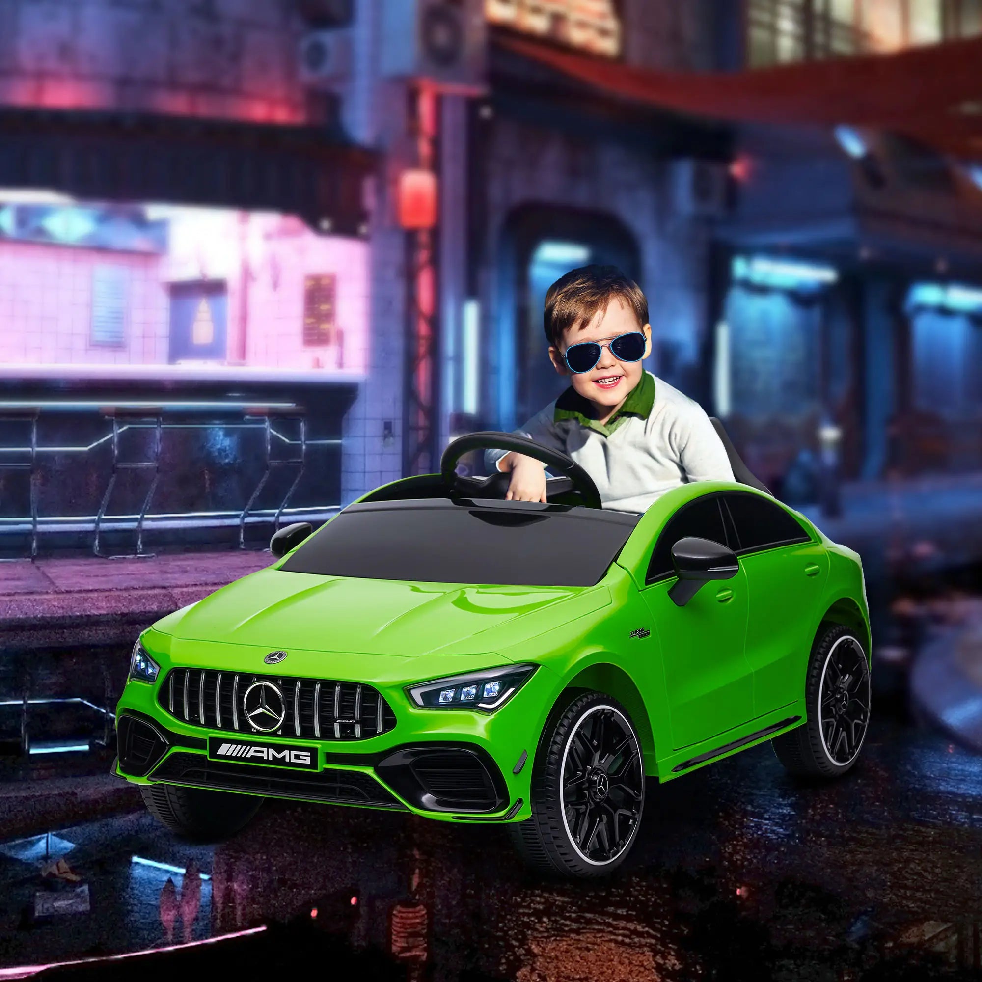 Green Mercedes AMG kids car with seat belt for safety.