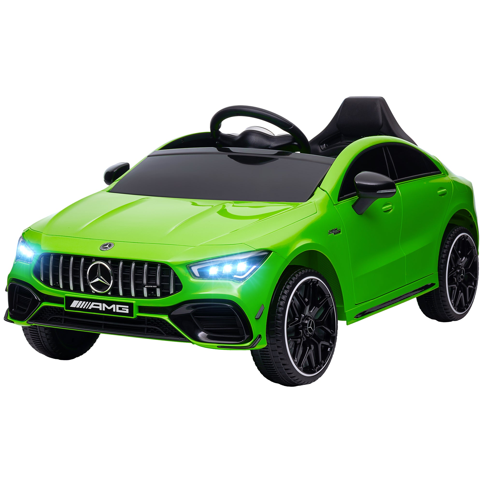Top view of green Mercedes-Benz AMG kids car.