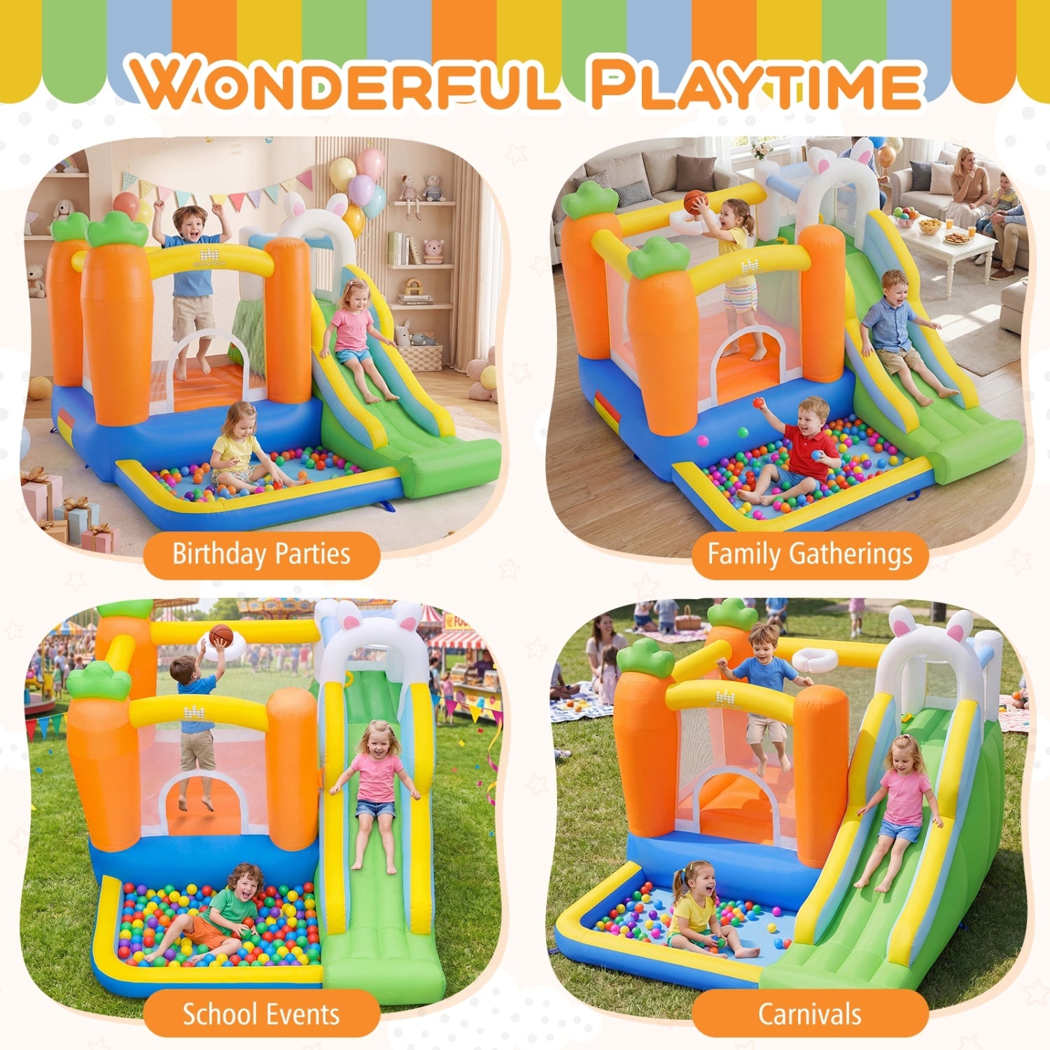 Ground stakes securing inflatable bounce house