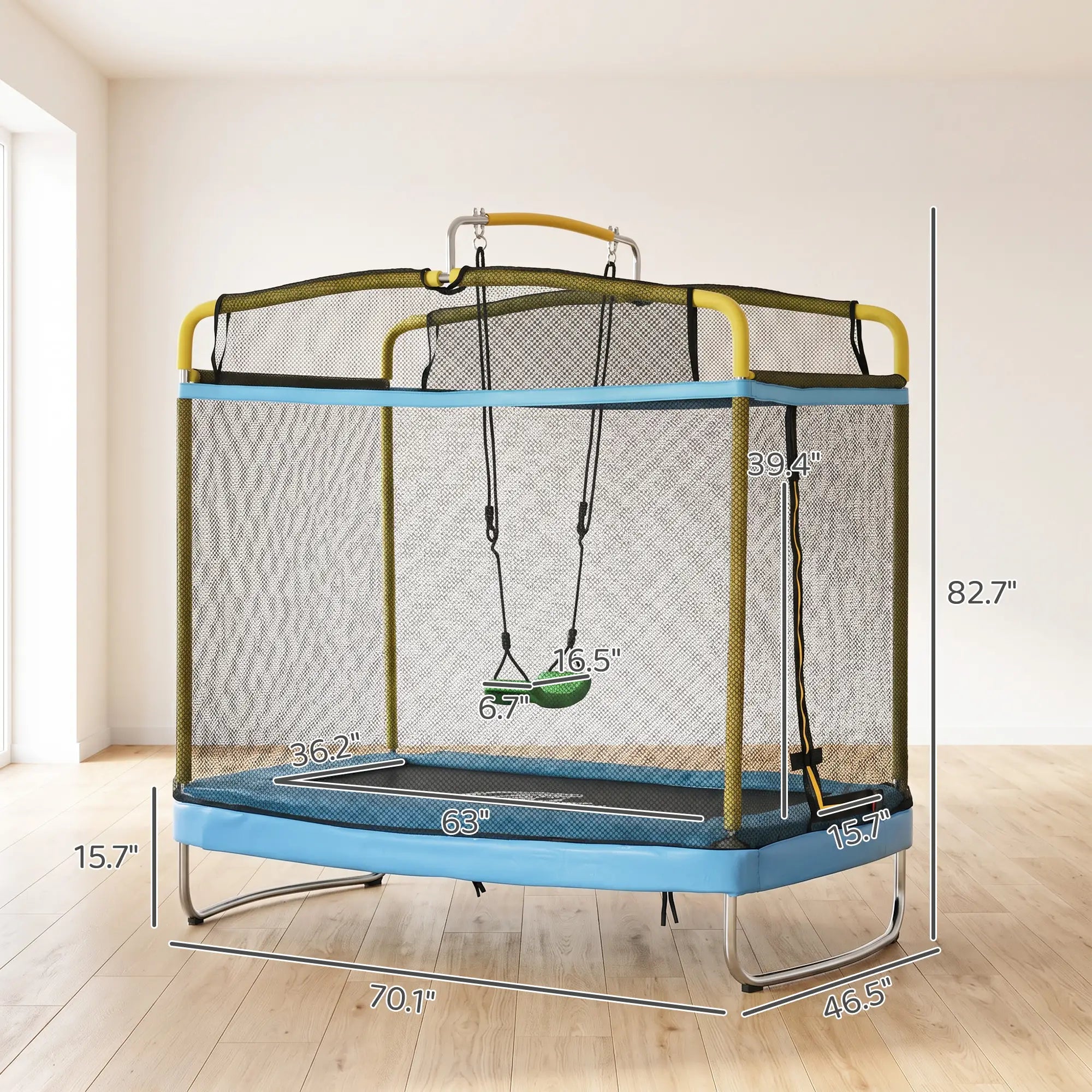 Trampoline with safety net and swing, shown with measurements on a wooden floor.