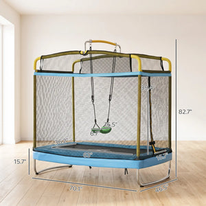 Trampoline with safety net and swing, shown with measurements on a wooden floor.