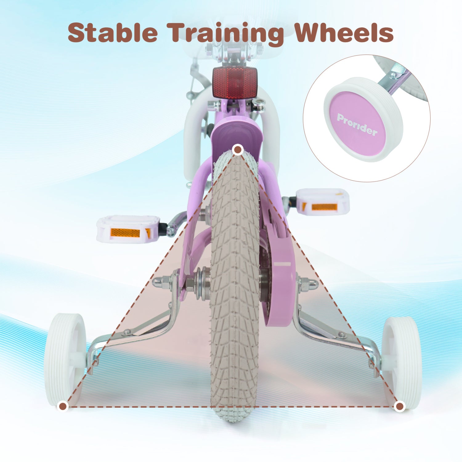 Bicycle with training wheels and a close-up of the brand 'Premier' on a light blue background.
