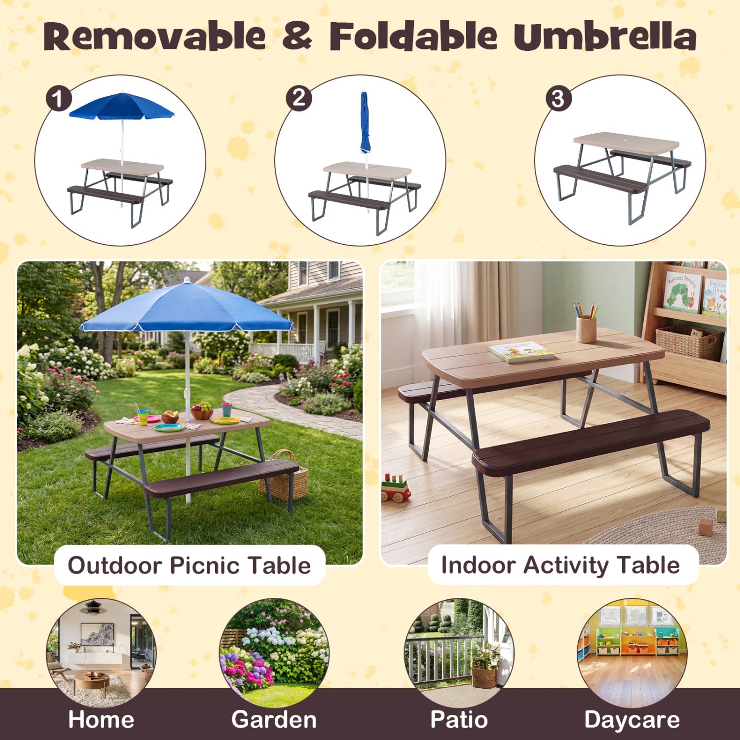 Removable and foldable umbrella on a picnic table with outdoor, garden, patio, and daycare settings shown.