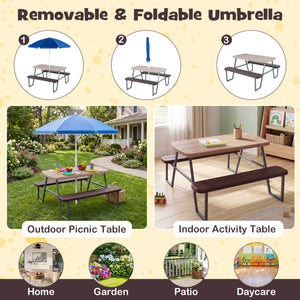 Removable and foldable umbrella on a picnic table with outdoor, garden, patio, and daycare settings shown.