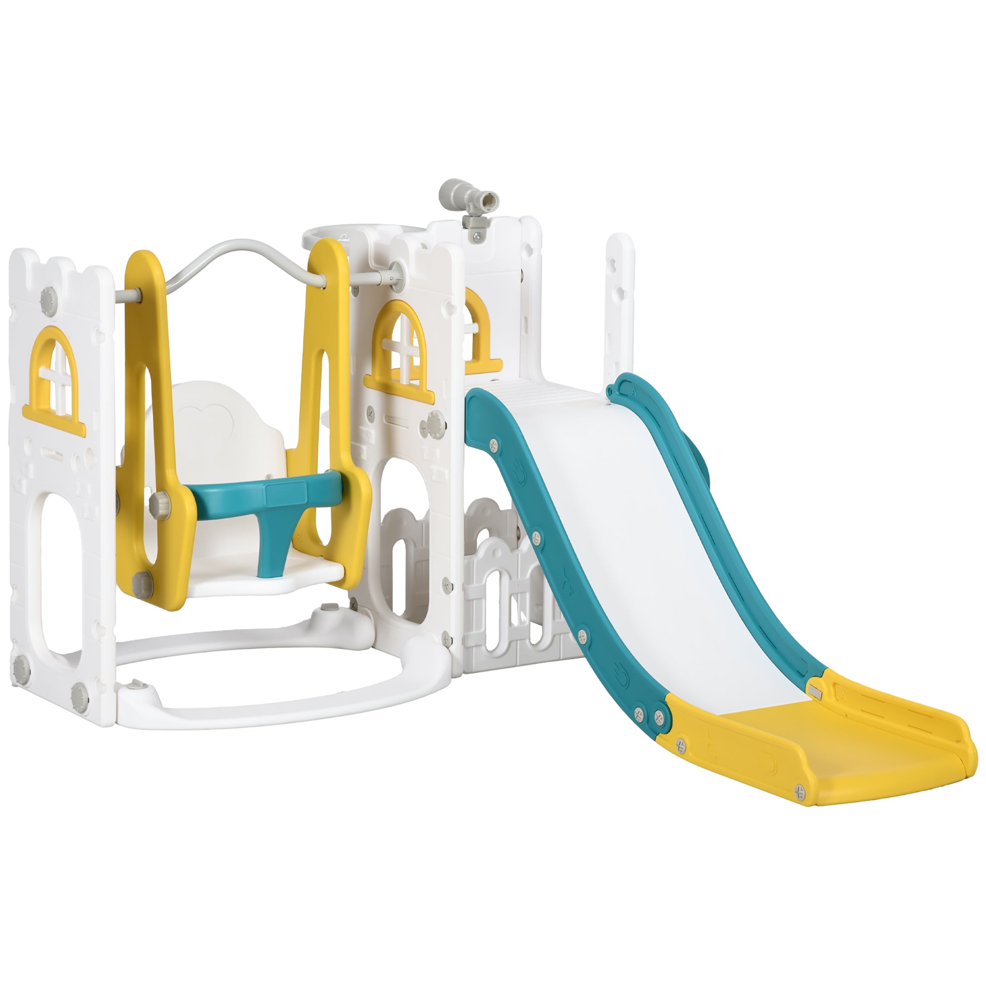 Children's playset with a slide and climbing structure on a white background
