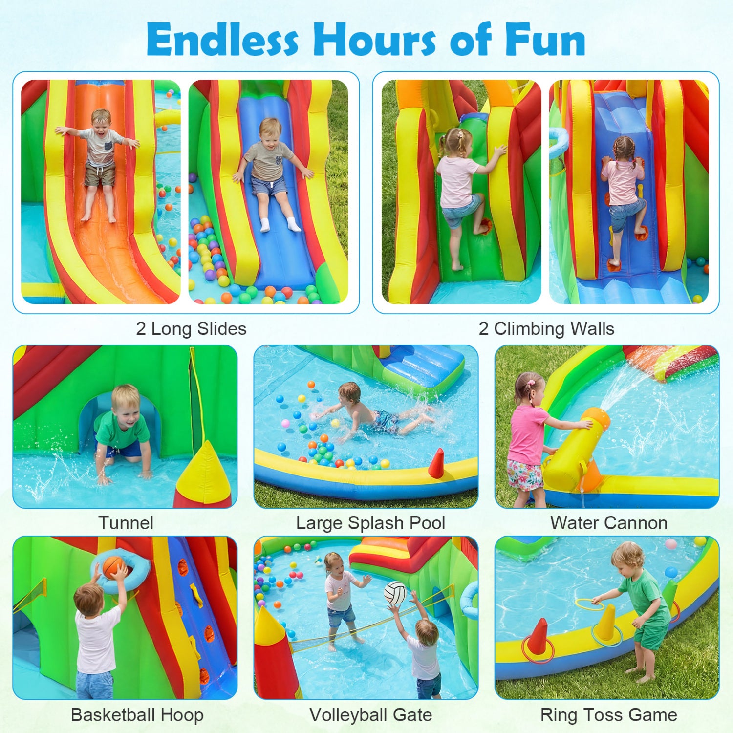 Inflatable water park with slides, climbing walls, pool, and games on a grassy background.