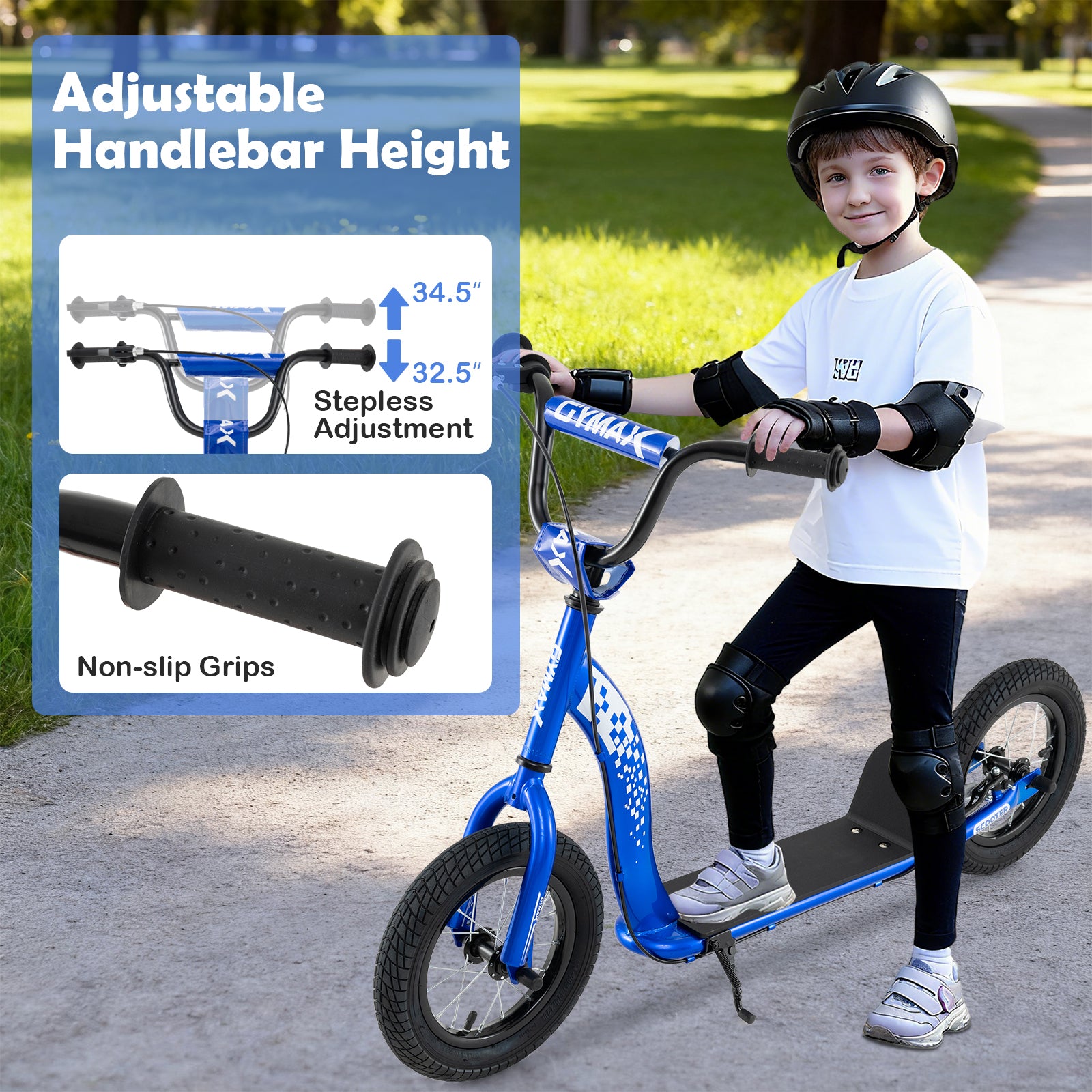 Child riding a blue balance bike with adjustable handlebar height features highlighted.