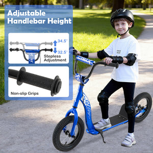 Child riding a blue balance bike with adjustable handlebar height features highlighted.
