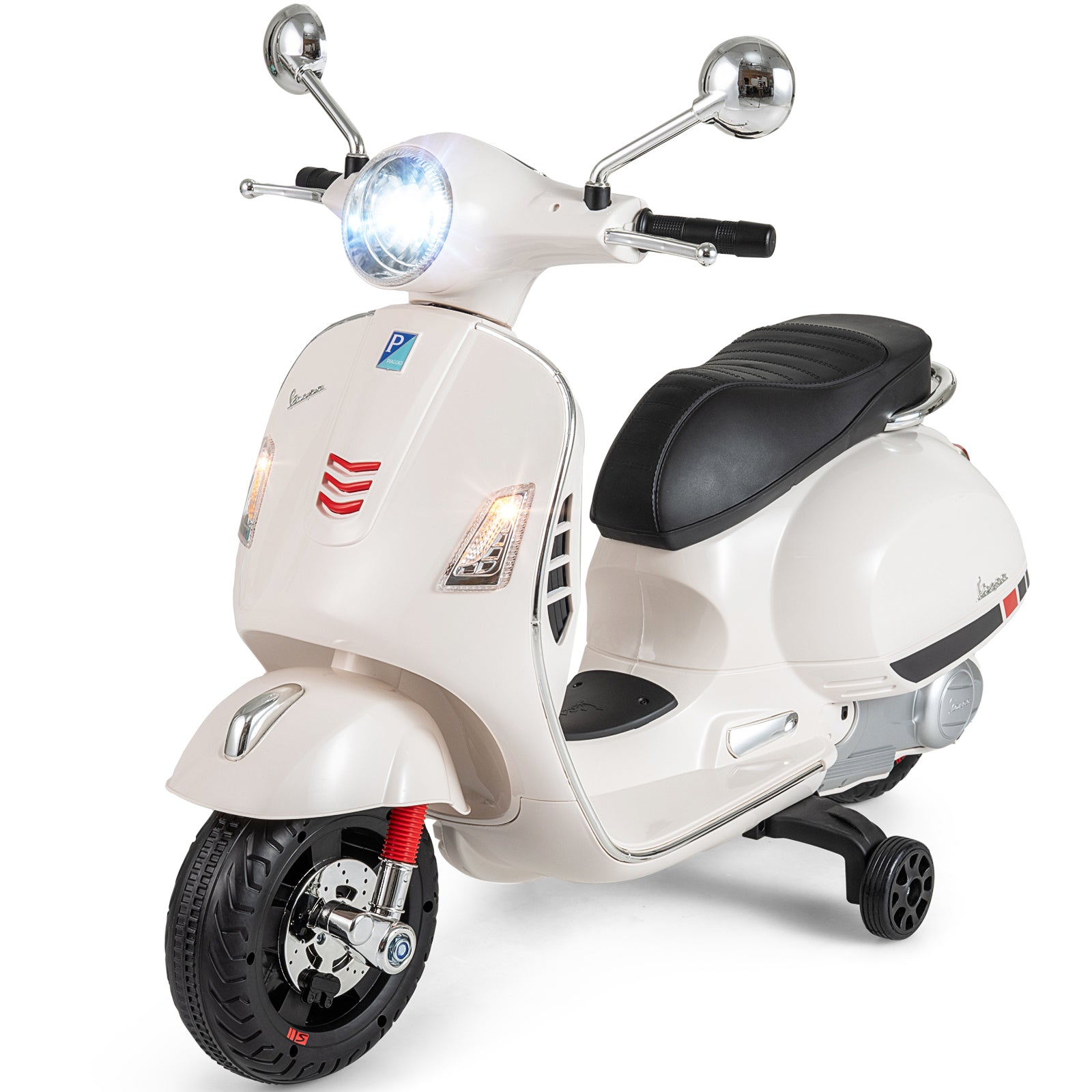White children's scooter with black seat on a white background