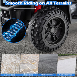 ATV tire with suspension system on a road surface, highlighting ability to handle various terrains.