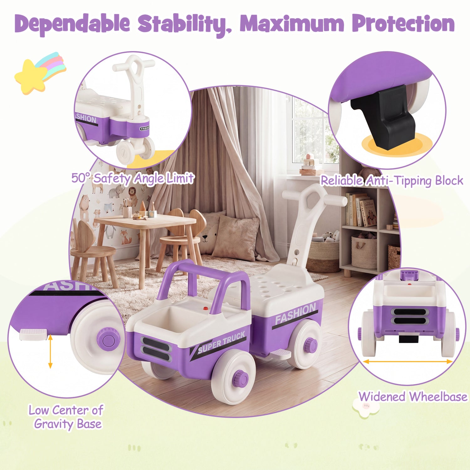 Child's toy truck with safety features highlighted on a white background
