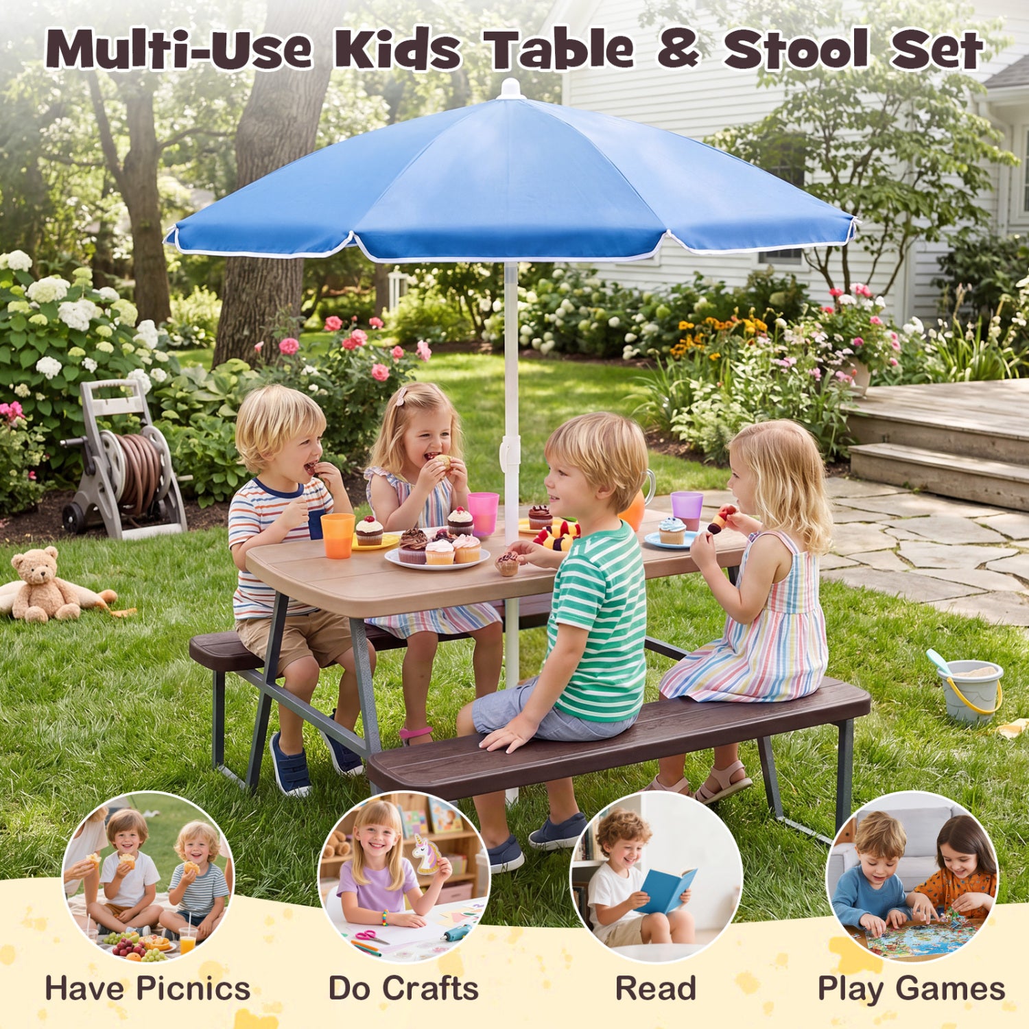 Children sitting at a table with a blue umbrella in a garden setting, with inset images showing various activities.
