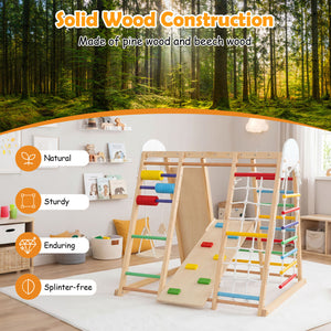 Kids indoor climbing rope attached to wooden jungle gym