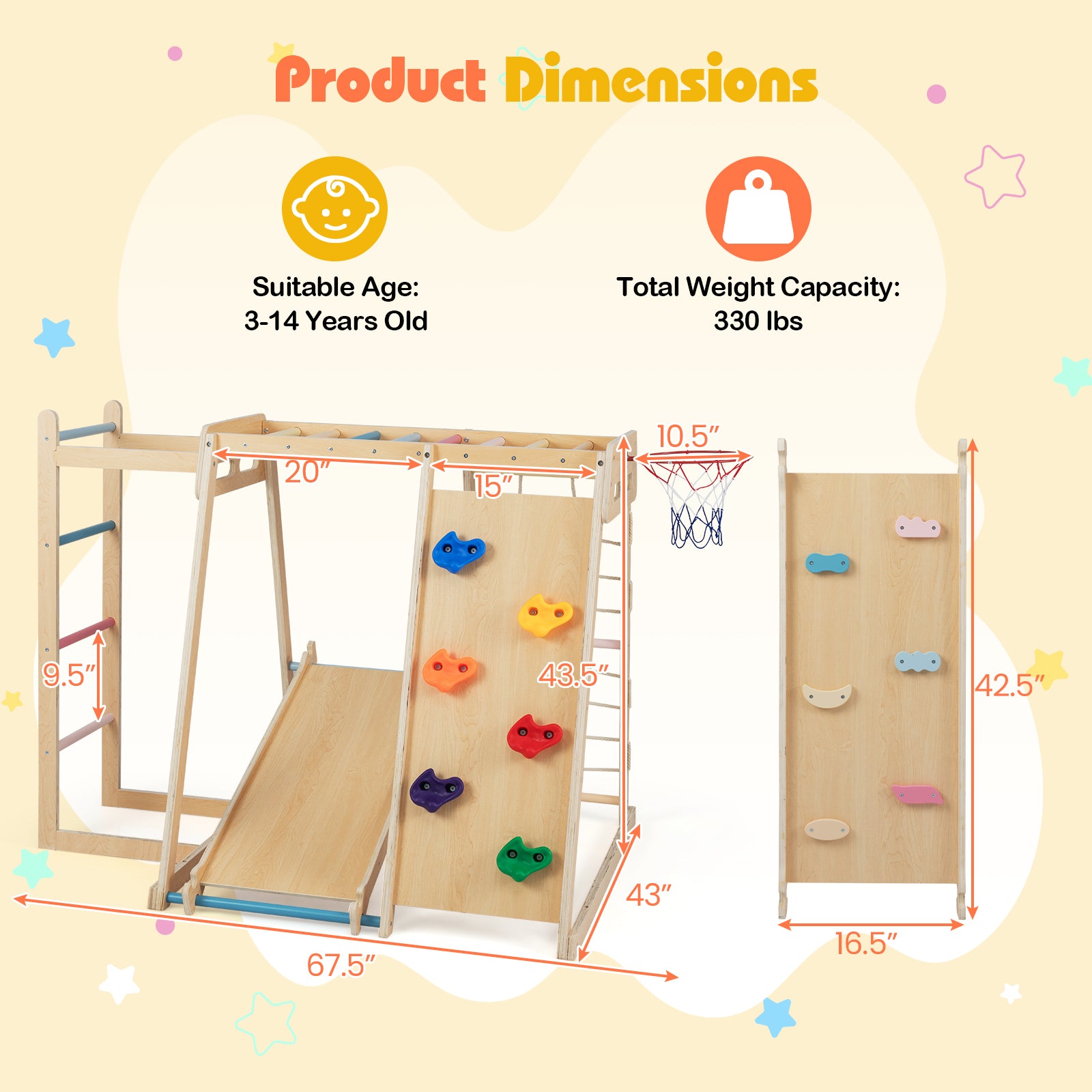 Indoor climbing wall with rock climbing ramp for children