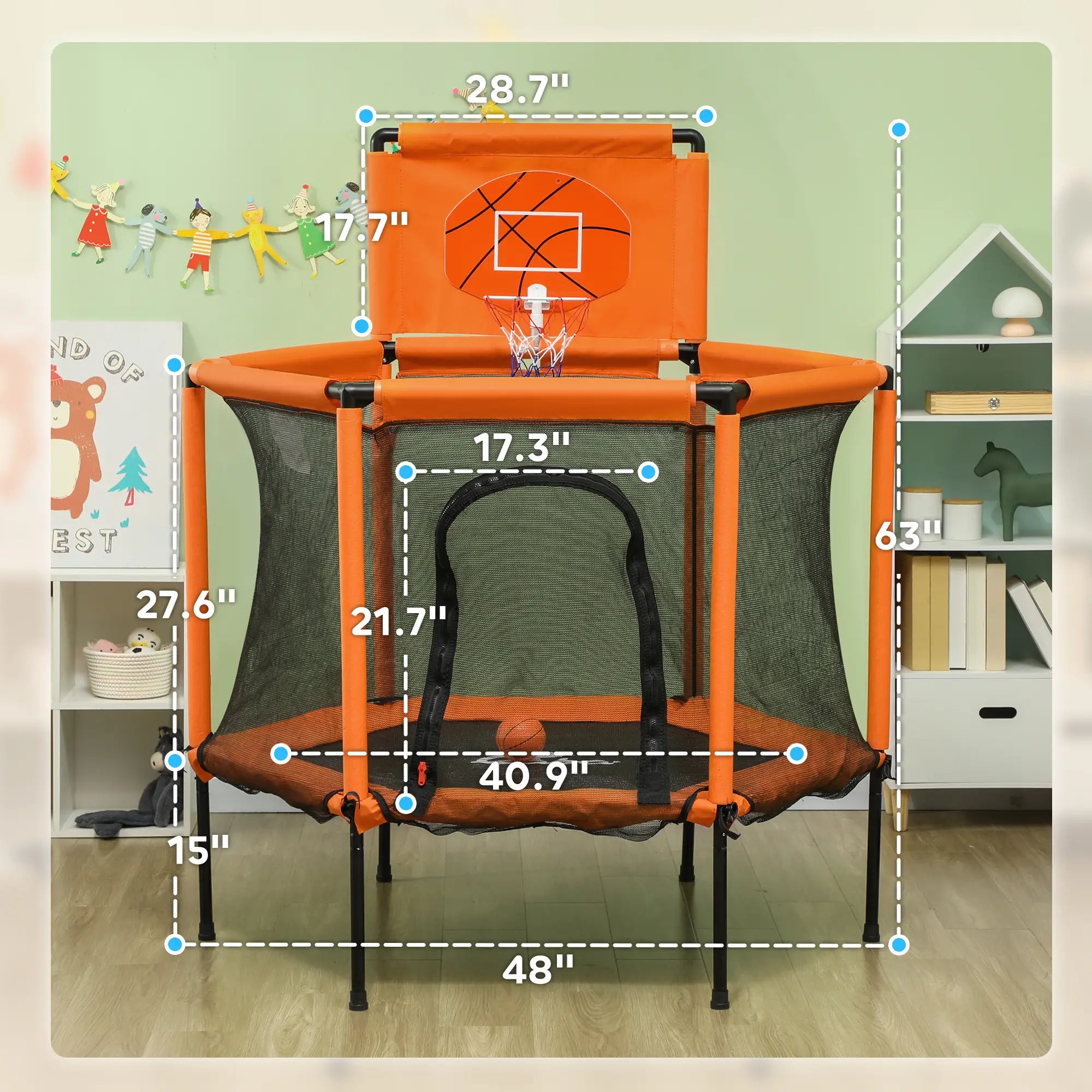 Orange trampoline with basketball hoop and measurements in a room setting