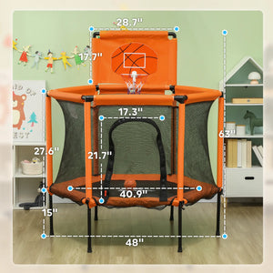 Orange trampoline with basketball hoop and measurements in a room setting