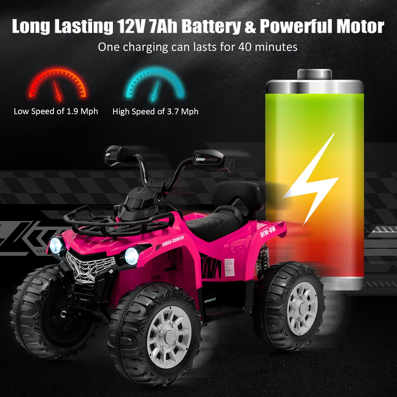 Pink toy ATV with battery and motor specifications on a dark background
