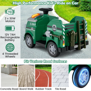 Green kids' ride-on car with features highlighted on a road background
