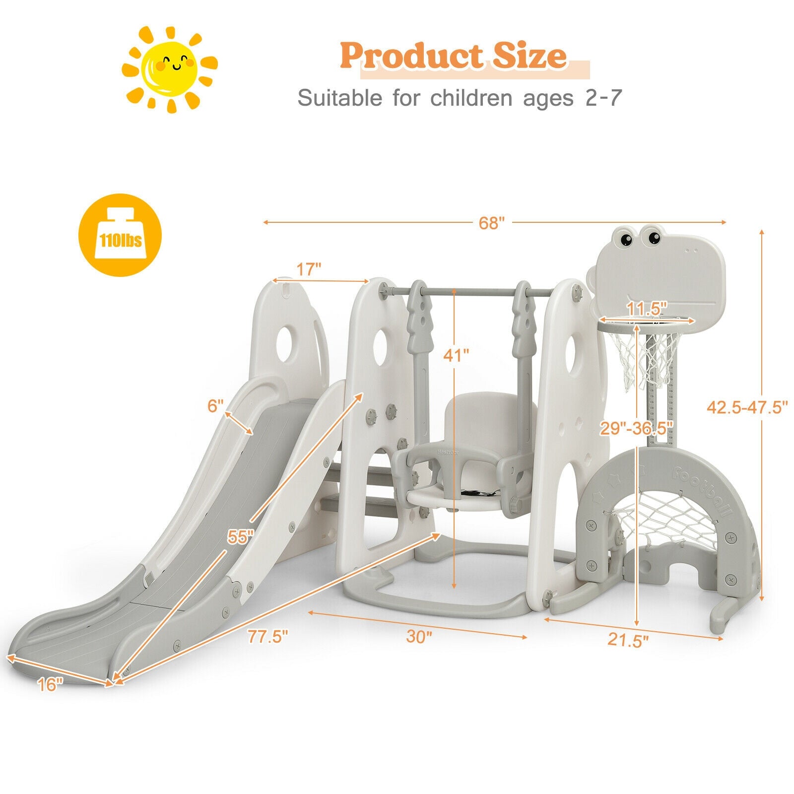 Children's playground slide and swing set with dimensions and suitability for ages 2-7 on a white background.