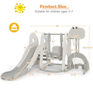 Children's playground slide and swing set with dimensions and suitability for ages 2-7 on a white background.