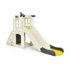 Children's playground slide with climbing structure on a white background